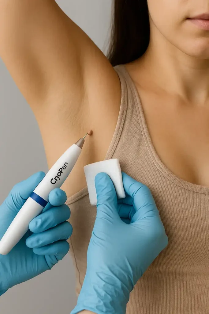 woman having cryopen to remove underarm skin tags Beccles