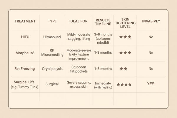 Table showing the comparisons of Skin tightening Beccles treatment options.